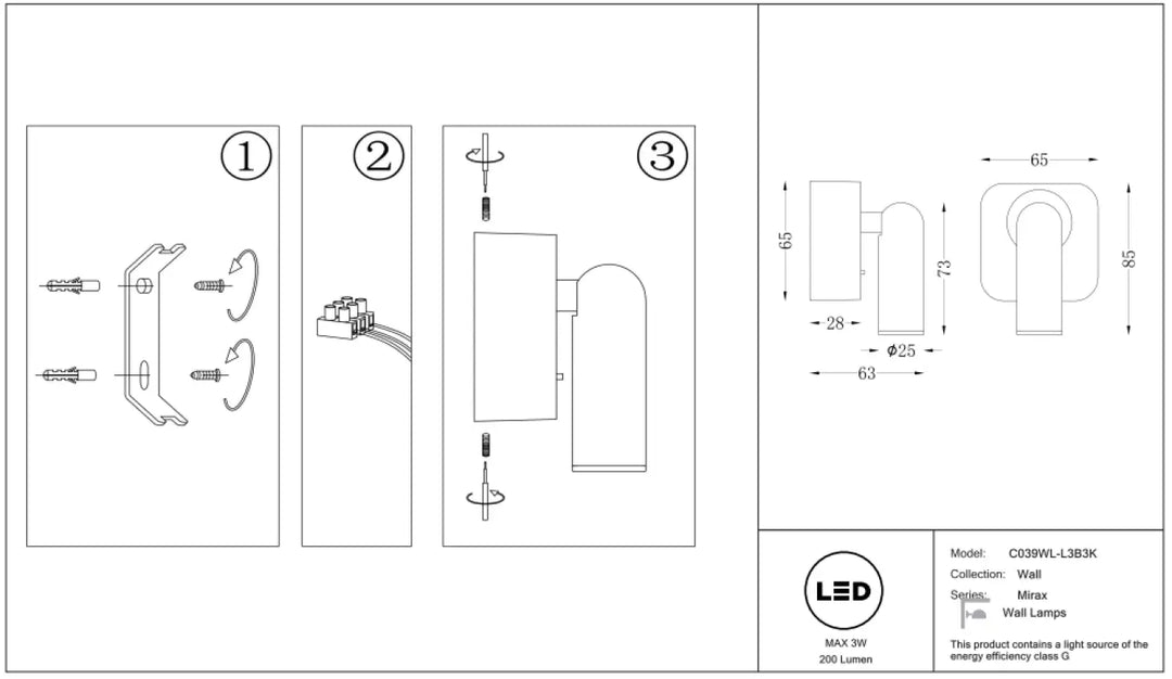 Applique liseuse mirax led avec bras incurvé et module carré pour éclairage mural moderne et élégant
