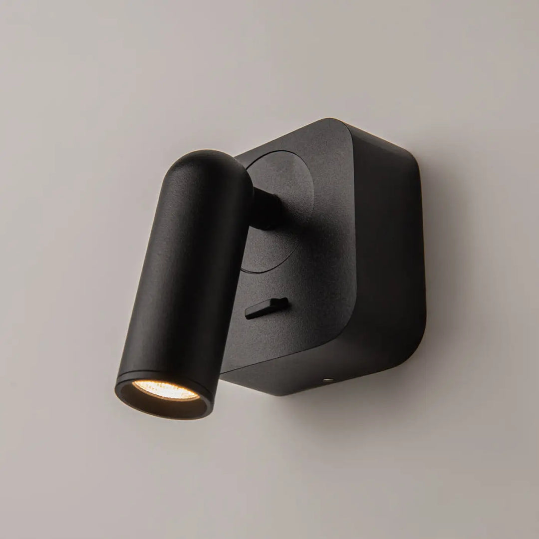 Applique liseuse murale noire mate avec tête cylindrique et module carré liseuse mirax