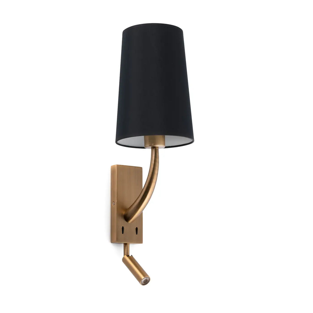 Applique murale Rem vieil or et abat-jour noir avec liseuse LED de Faro Barcelona
