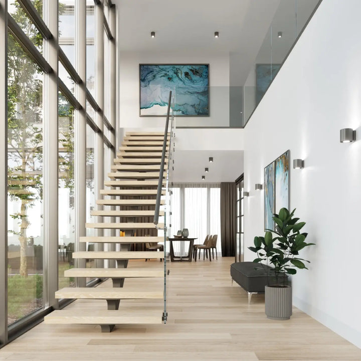 Modern minimalist kinkiet orbis en anthracite avec bois naturel et rampes en métal noir pour escalier design