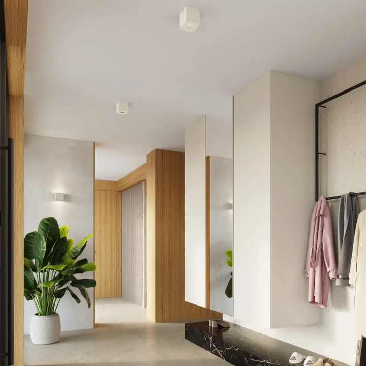 Applique murale quad béton beige en design contemporain avec forme originale et plante verte dans jardinière en céramique blanche