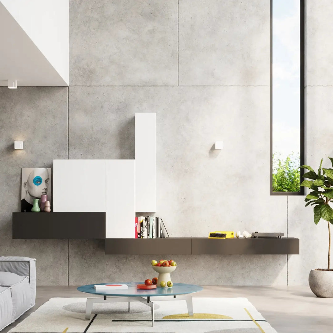 Applique murale moderne pixar en blanc et gris foncé avec étagère flottante minimaliste et spectacle lumineux design