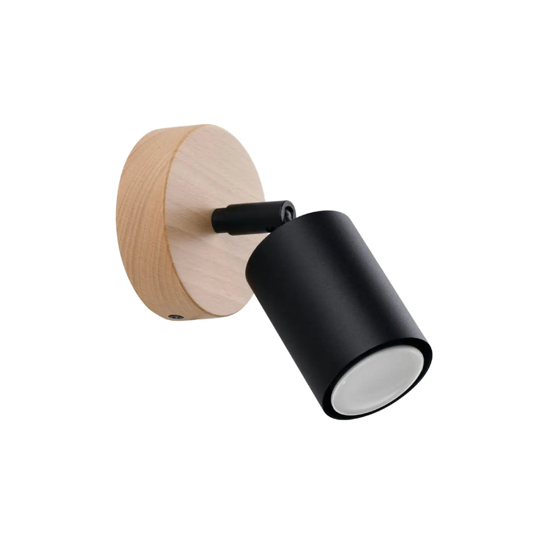 Applique murale verdo noir design moderne avec spot cylindrique noir mat sur base circulaire en bois clair
