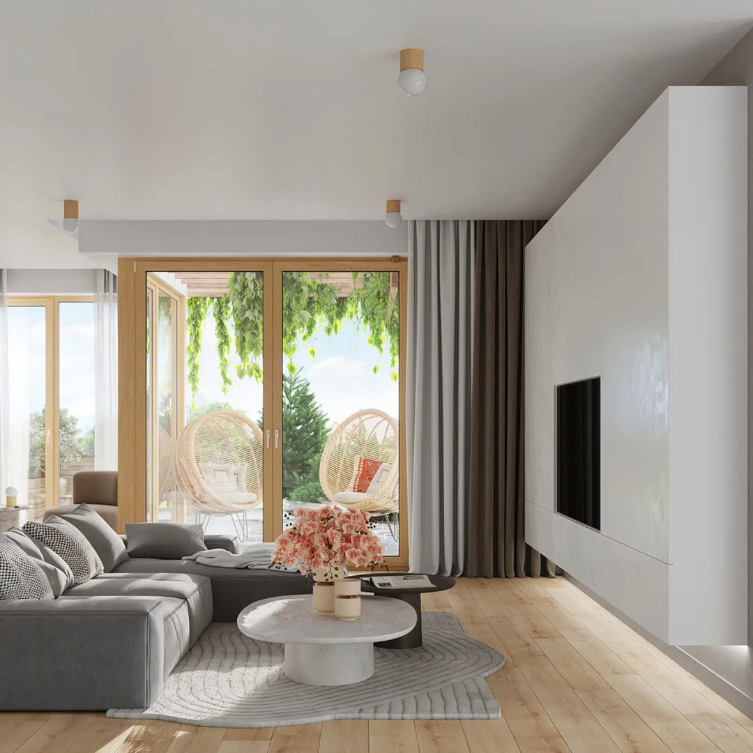 Applique murale boomo avec style raffiné et minimalisme scandinave accompagne un canapé gris sectionnel moderne