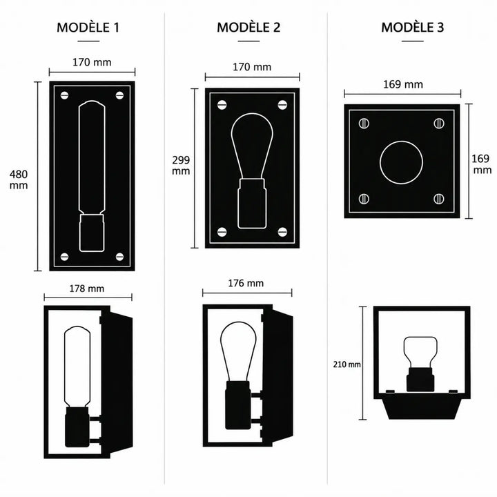 Trois modèles distincts dabat-jour applique murale noir mat en petit modèle avec ampoules aux formes variées