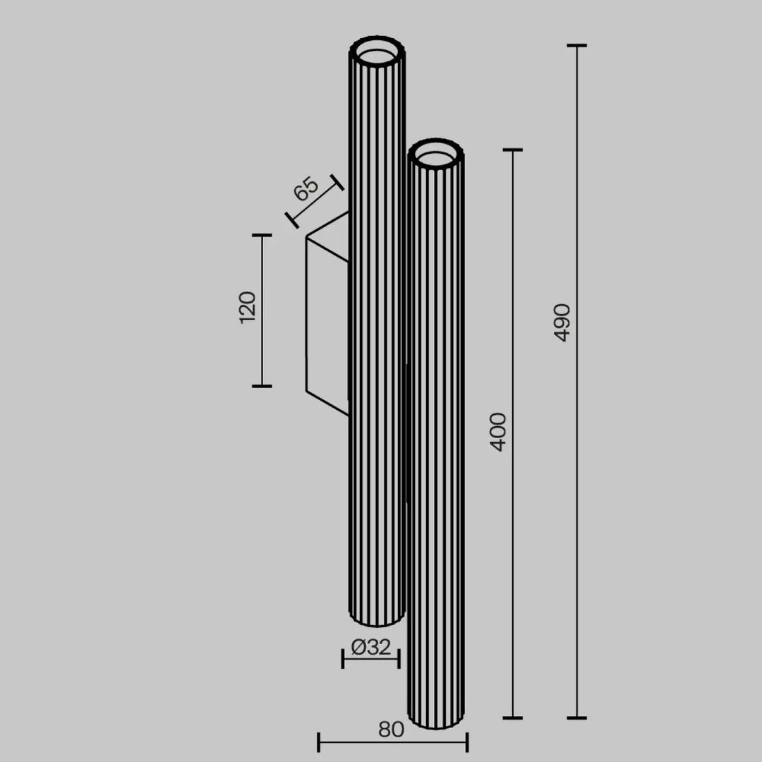 Applique murale calipso led linéaire cylindrique fine avec texture cannelée verticale et marquages dimensionnels précis