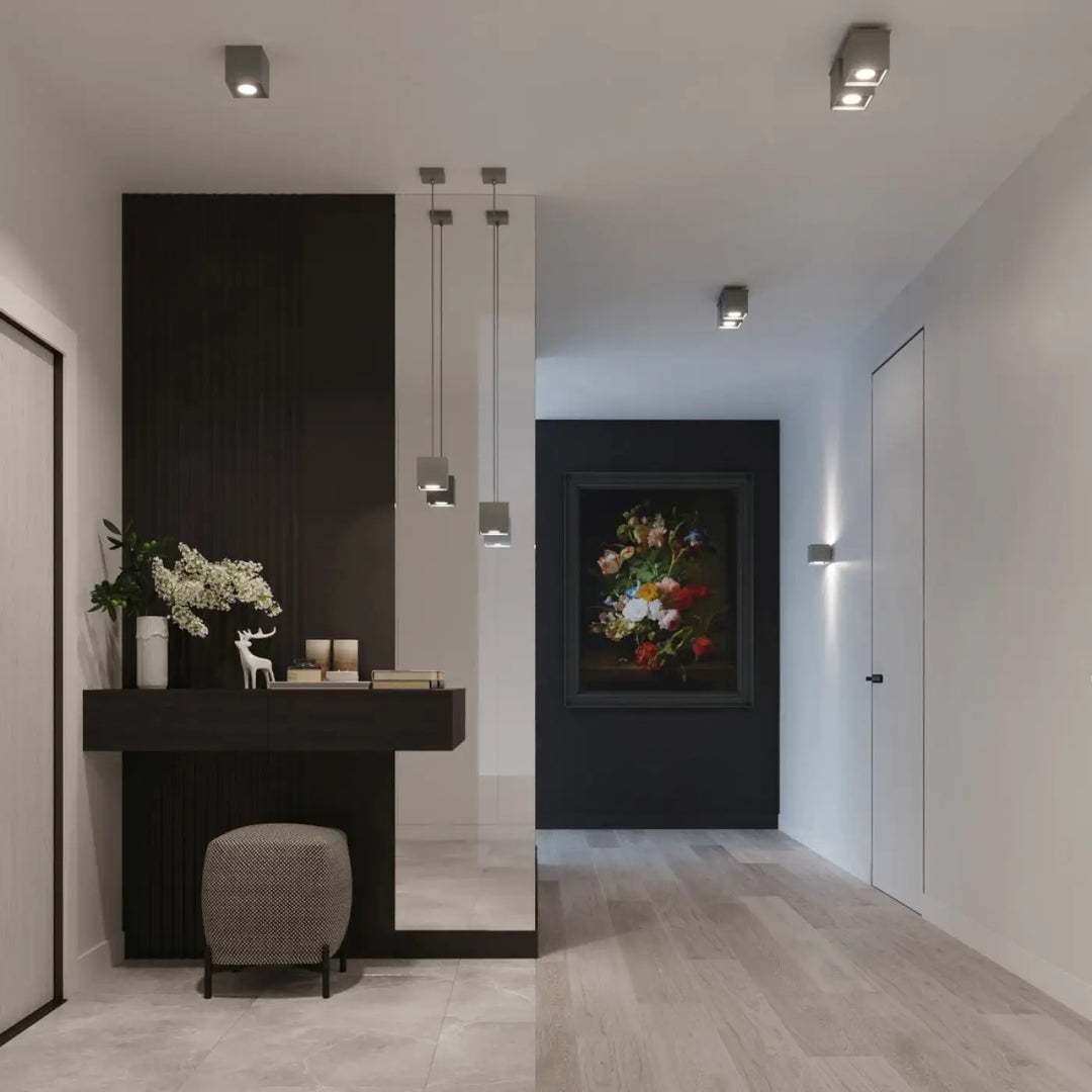 Applique murale gris avec peinture florale encadrée en bois naturel noir pour intérieur avec kinkiet quad