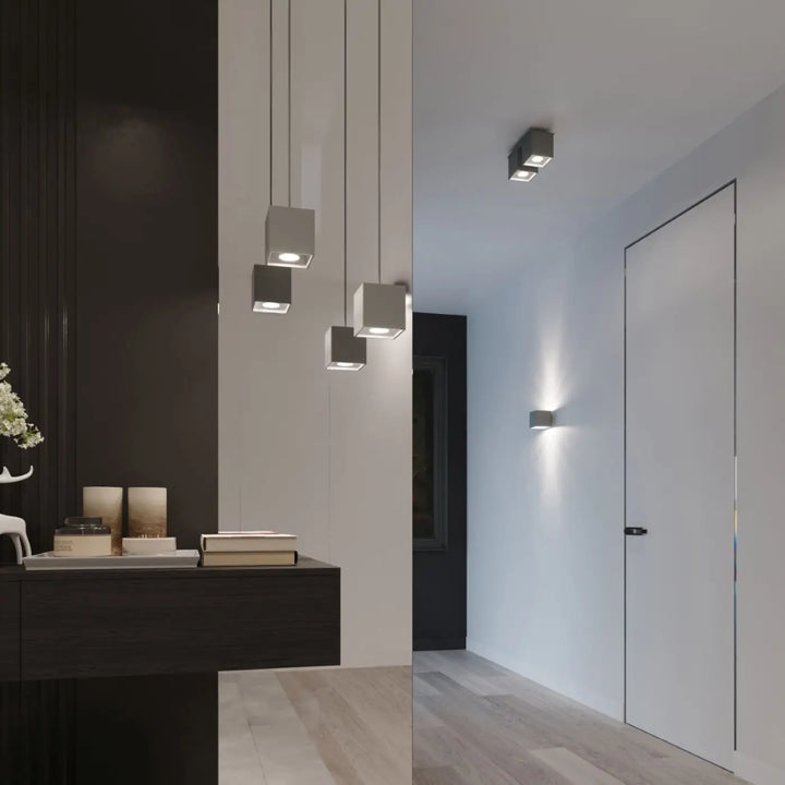 Kinkiet quad applique murale gris avec bois naturel design minimaliste et éclairage led chaud élégant
