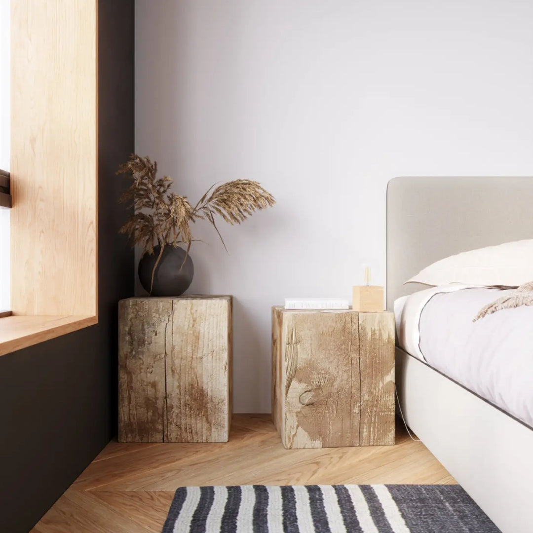 Rustic wooden nightstands with visible grain and weathered texture in style loft l’applique ariz bois ariz design