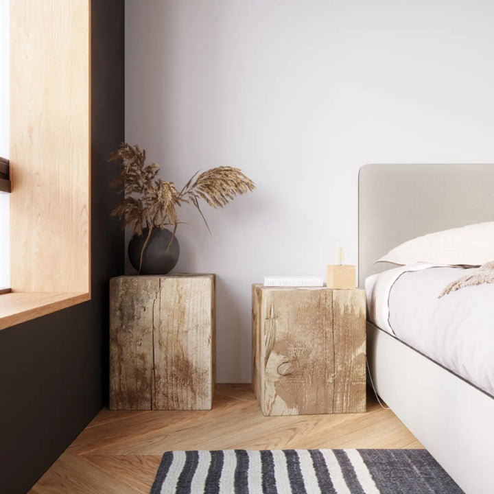 Rustic wooden nightstands with visible grain and weathered texture in style loft l’applique ariz bois ariz design
