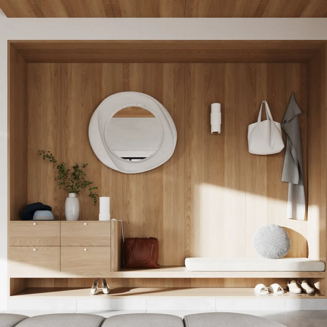 Applique murale flash blanc avec miroir circulaire à cadre texturé en bois pour un design moderne et lumière à volonté