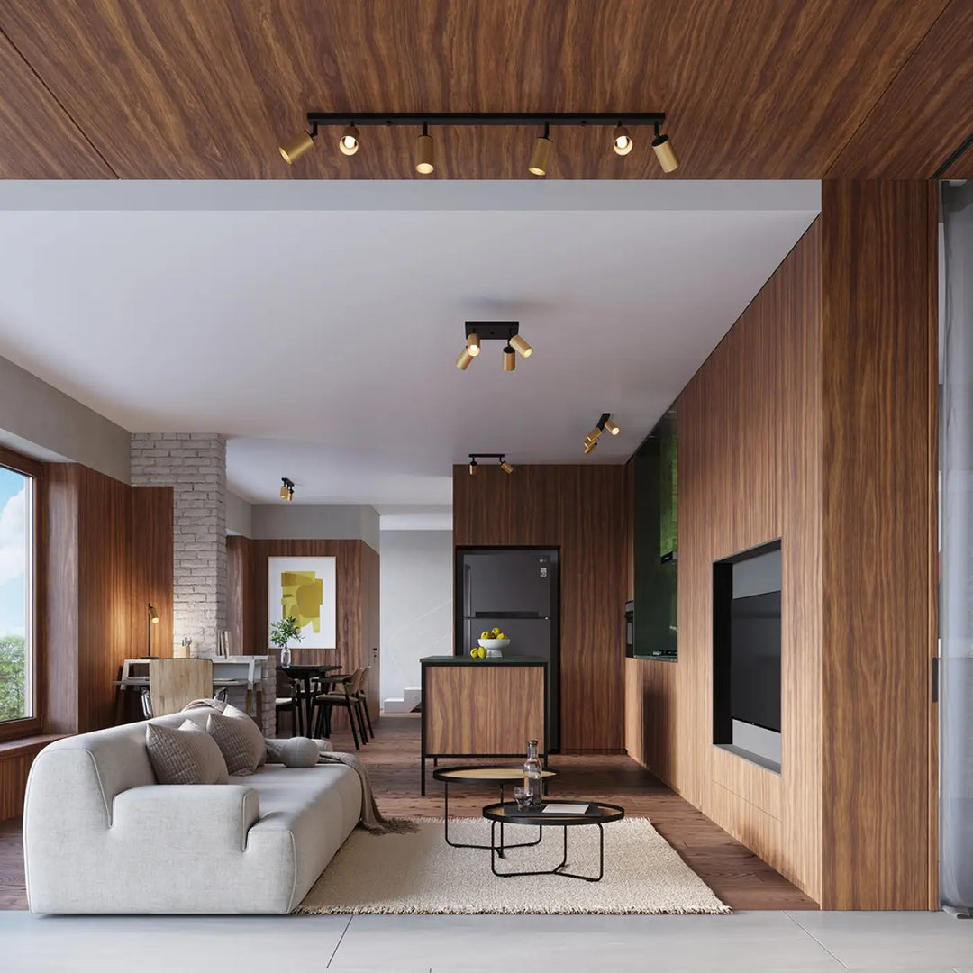 Applique murale winx noir doré dans un salon moderne minimaliste avec bois chaud lampe winx allie design moderne