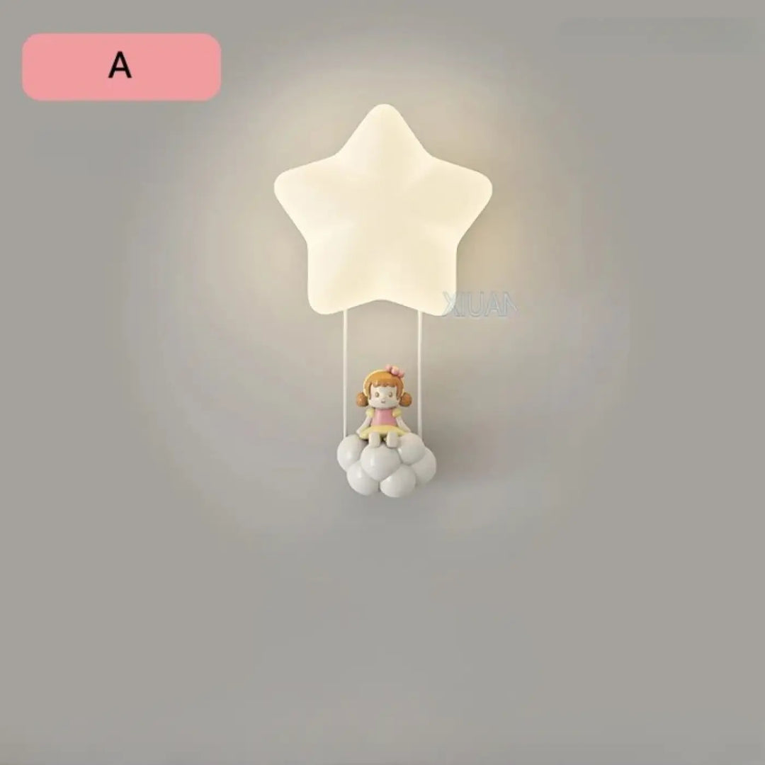 Applique murale staria étoile blanche avec poupée suspendue sur base en forme de nuage pour chambre d enfants