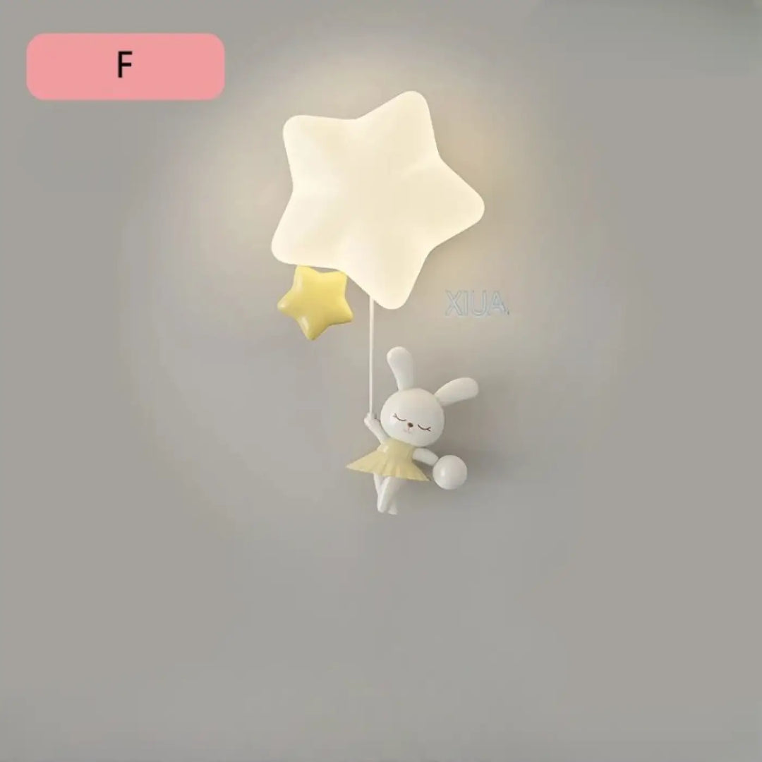 Applique murale staria avec figurine de lapin blanc tenant deux étoiles lumineuses pour chambre enfants cartoon