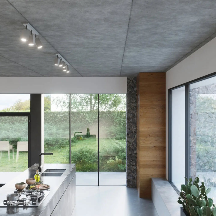 Applique murale merida 1 gris avec design moderne adaptée à une cuisine minimaliste à comptoirs inox et robinet noir