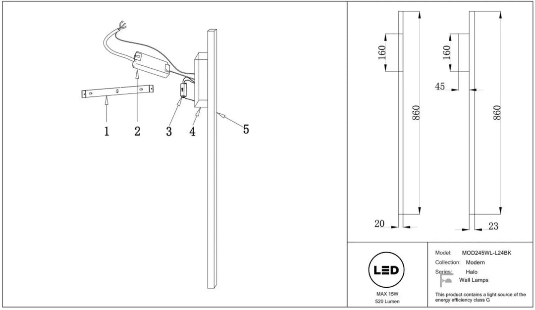 Led wall lamp applique murale halo with sleek rectangular barre verticale and mounting hardware in modern design