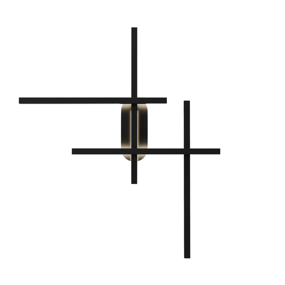 Applique murale halo en acier noir avec composition angulaire et barre horizontale verticale intersectantes et lampe cylindrique