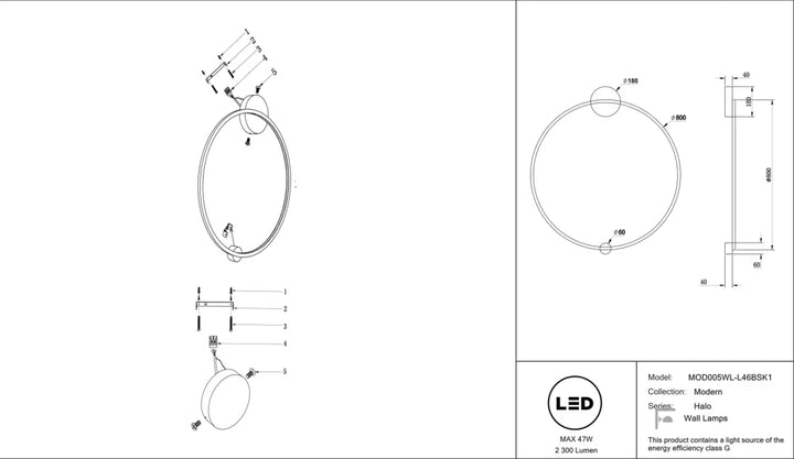Applique murale halo en acier doré avec design circulaire moderne et éclairage led intégré dimensions spécifiées