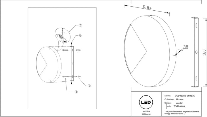 Applique murale jupiter disque doré avec design led circulaire, hauteur 180 mm et diamètre 184 mm