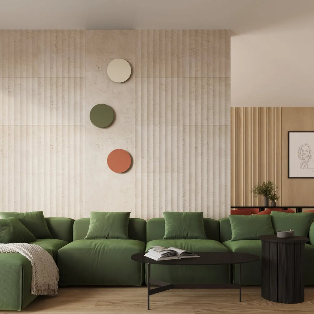 Applique murale borGen 3000k beige près d’un sofa vert avec coussins moelleux et plaid texturé dans la collection borgen comprend