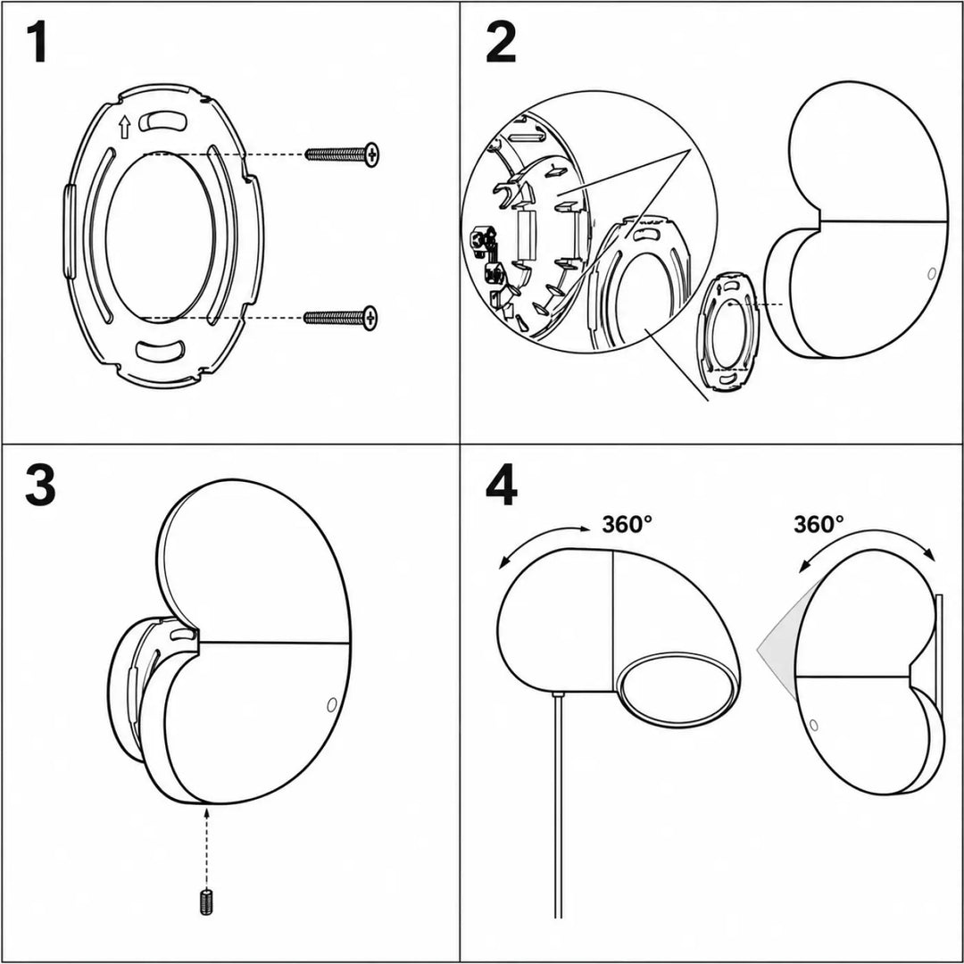 Diagram montrant lassemblage et la rotation 360 de l’applique ciro john august avec base pivote et vis de montage