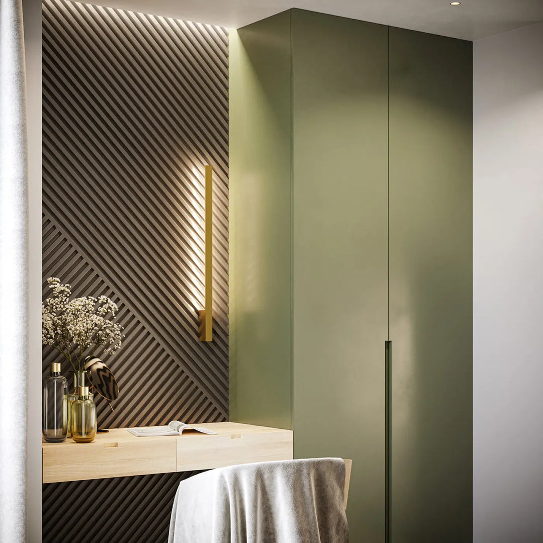 Armoire vert olive mat avec poignées verticales slim en applique murale lahti s 3000k doré module led solutions imprévisibles