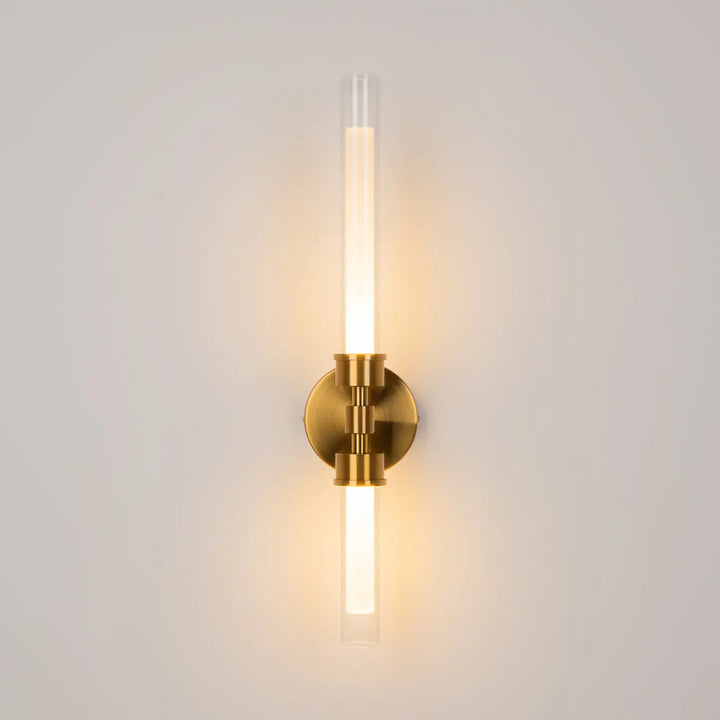 Applique murale led gold-toned avec long tube acrylique cylindre et base metal geometrique minimaliste steło tube