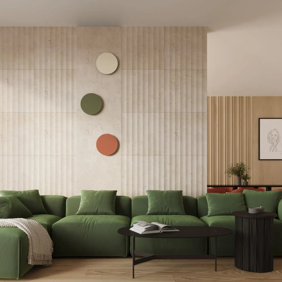 Applique murale borgen 3000k vert olive près d un canapé sectionnel vert avec coussins et jeté texturé dans collection borgen comprend des appliques murales modernes