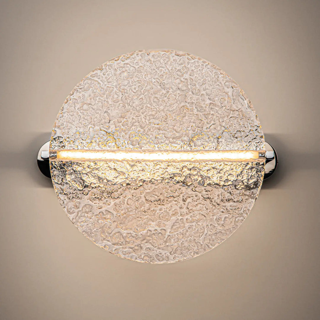Applique murale mangata disque martelé en verre martelé avec éclairage led horizontal intégré en verre transparent
