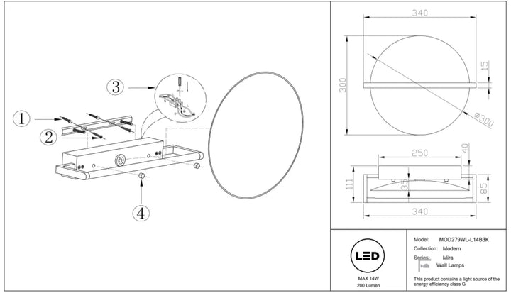 Applique murale mira avec boîtier rectangulaire moderne et diffuseur circulaire en led pour illumination écoénergétique
