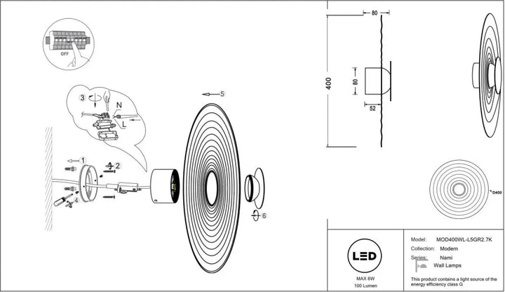 Applique murale nami disque ondulé led moderne avec design circulaire concentrique et esthétique minimaliste