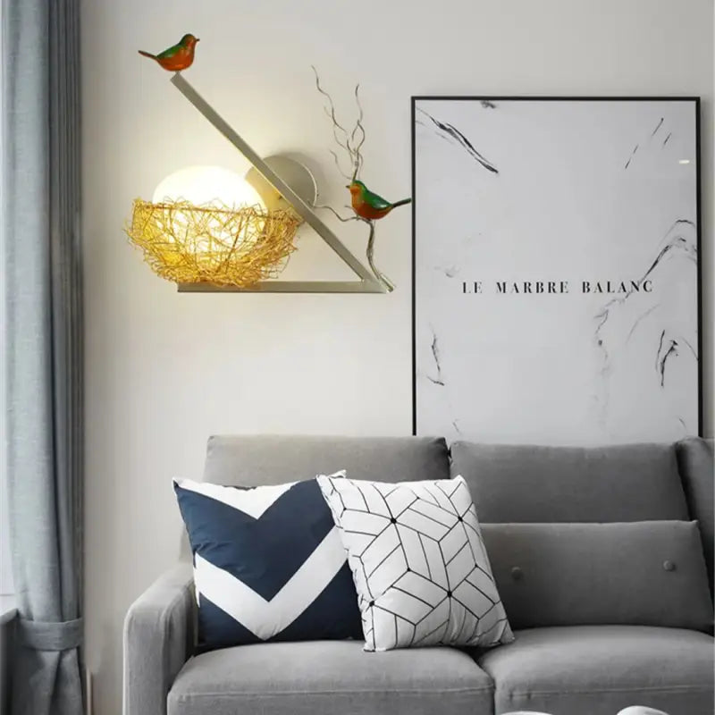 Applique Murale Nid Doré Avec Oiseaux Et Boule Lumineuse