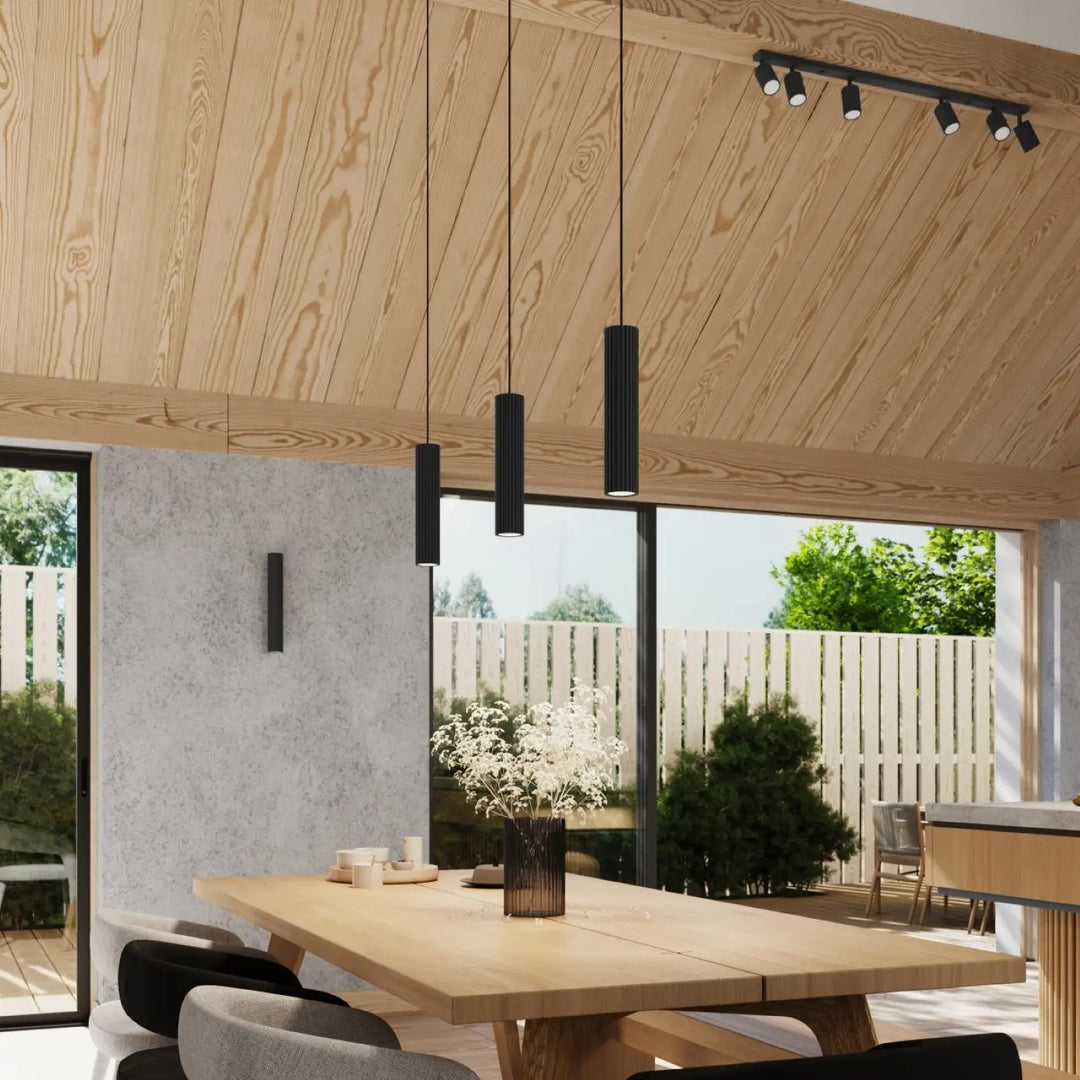Applique murale karbon 30 noir avec design minimaliste et ampoules gu10 interchangeables suspendue au plafond en bois