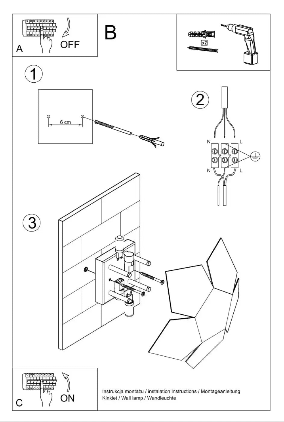 Diagramme dinstallation de l appliqué murale penta noir avec composantes étiquetées et schémas de câblage pour un classique kinkiet particulièrement adapté aux intérieurs modernes