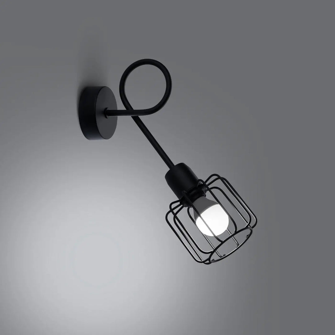 Applique murale beluci 1s noir style loft en métal cage avec bras incurvé et base circulaire pour appliques murales collection beluci