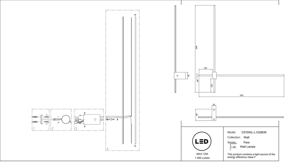 Applique murale pars c070wl-l12qb3k en métal avec finition métallique et design minimaliste tiges lumineuses intégrées