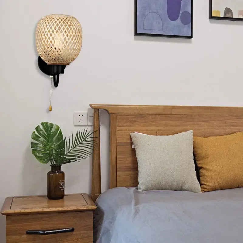 Applique Murale Tête De Lit En Rotin Naturel Et Noir