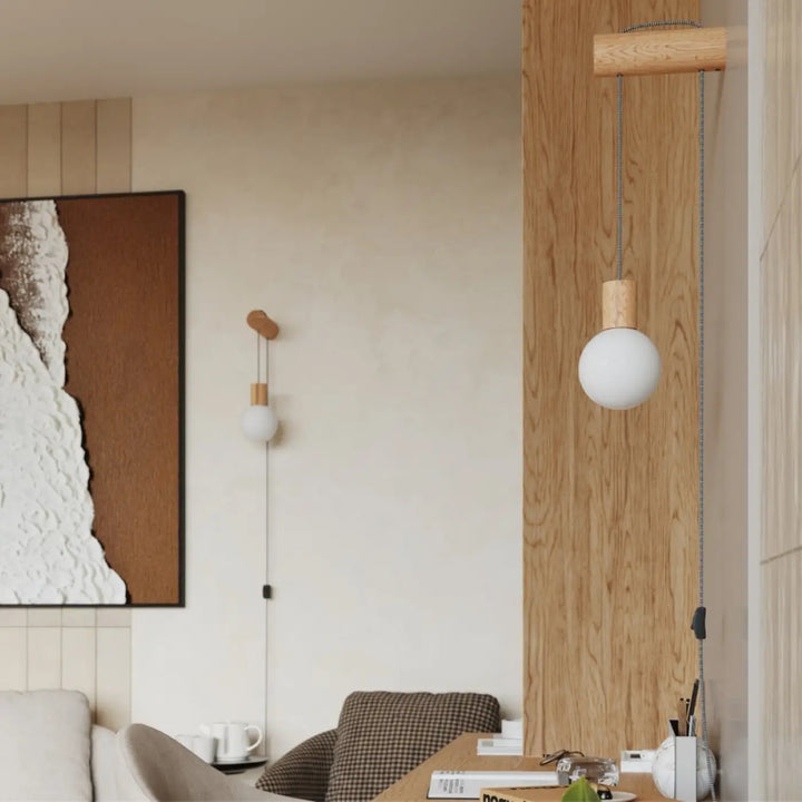 Applique murale bois naturel/blanc/noir vue rapprochée dans son décor