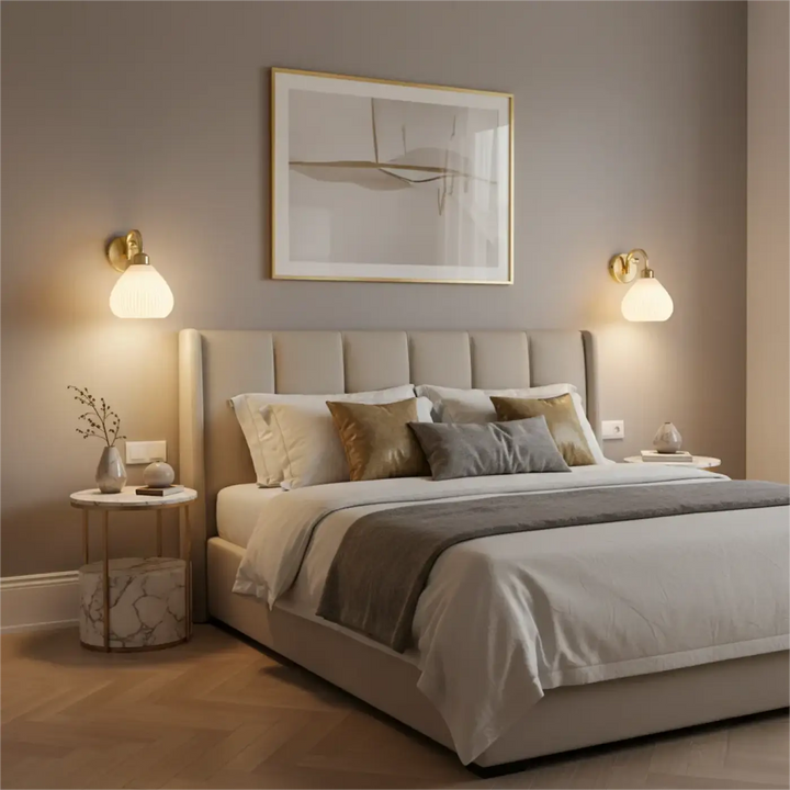 Applique murale jade vintage beige avec tête de lit capitonnée et literie superposée tons neutres murale vintage