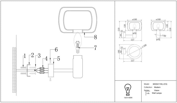 Applique murale vision double globe avec monture dorée et fixation intégrée modèle mod41wl-01g avec douille e27