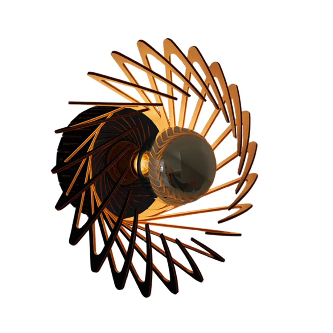 L’applique murale pianumayö en spirale métallique dorée avec orbe en verre central bois fsc