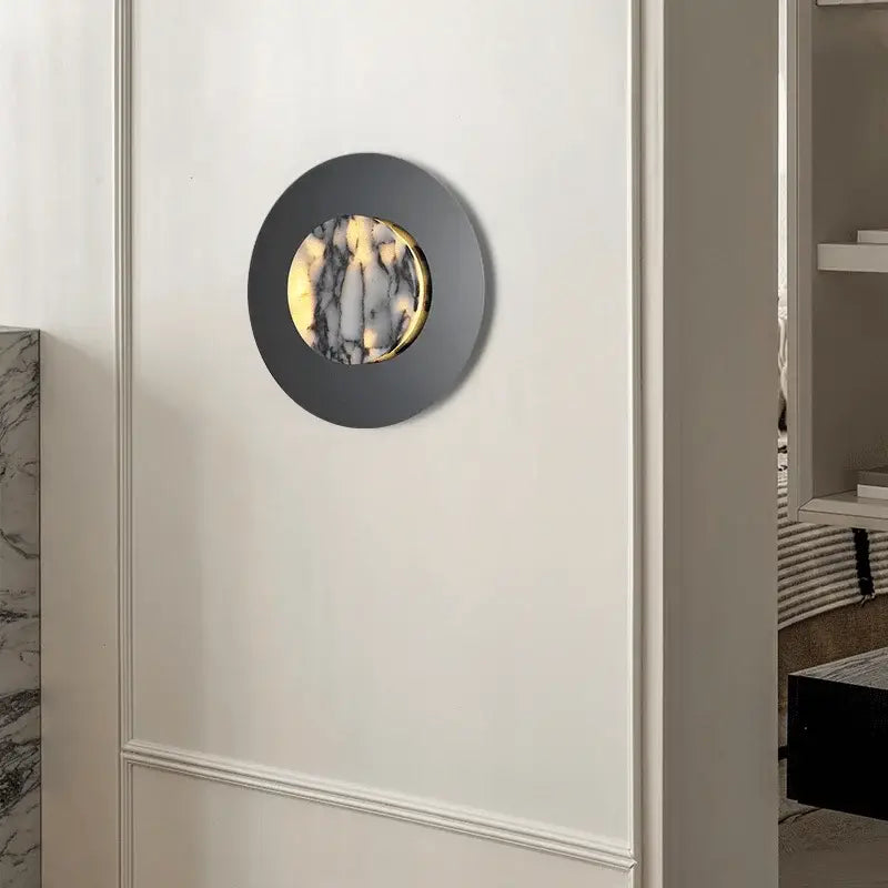 Applique ronde en métal noir avec diffuseur marbre led