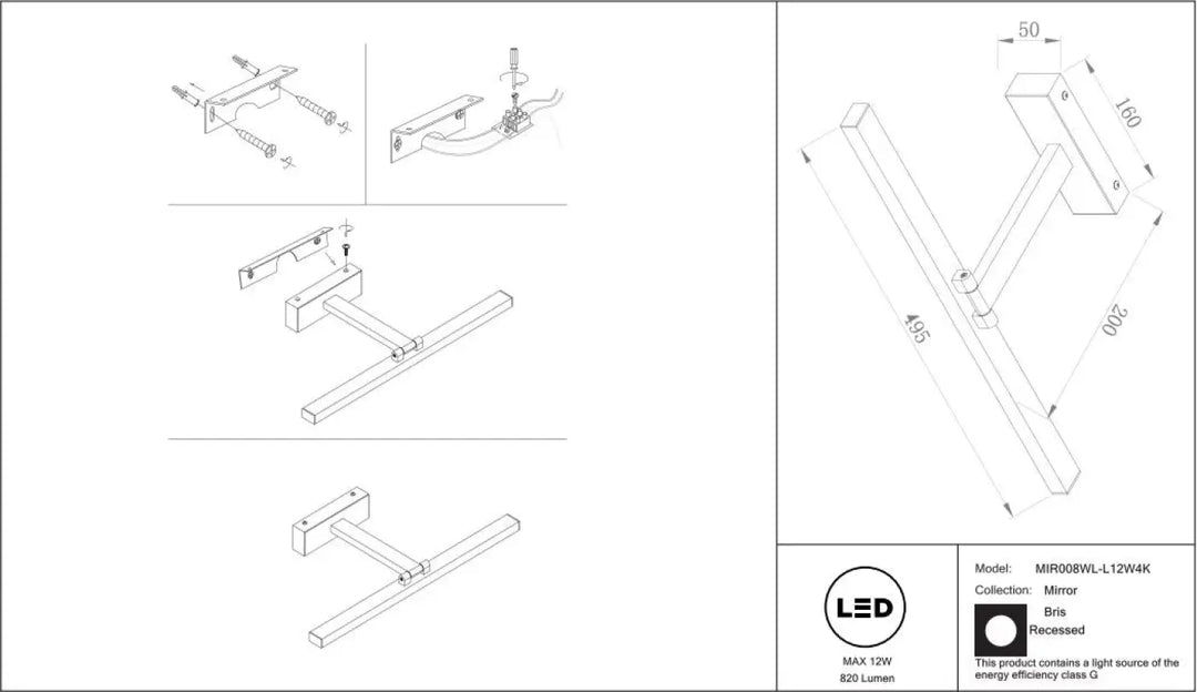 Applique murale bris linéaire led au-dessus d’un miroir avec tête orientable, design moderne 495mm x 200mm