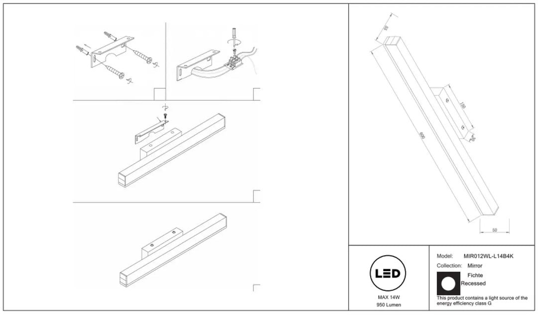 Applique murale fichete led encastrée en aluminium noir au profilé fin au-dessus d’un mur avec finition métallique