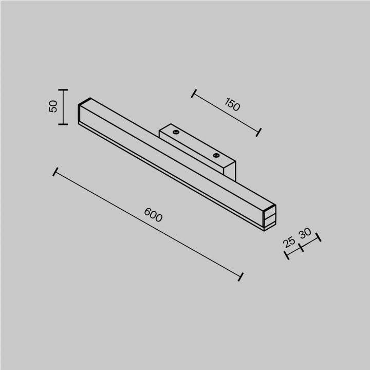 Applique murale fichte en aluminium noir profilé fin de 600mm au-dessus dun mur avec marquages dimensionnels précis