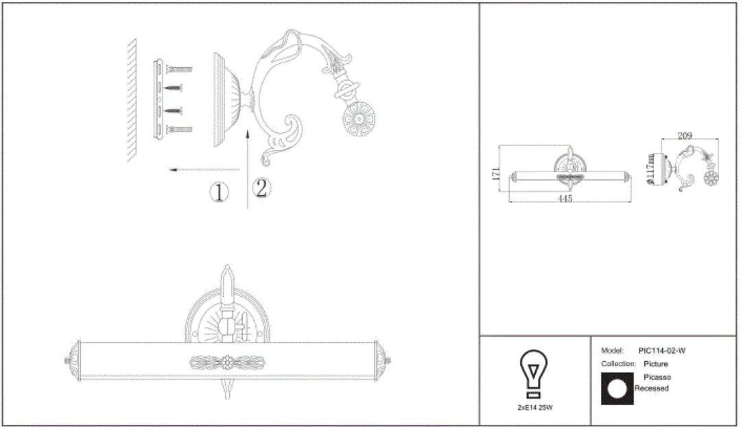 Applique murale bras déporté en laiton orné avec ampoules e14 pour tableau picasso décoratif