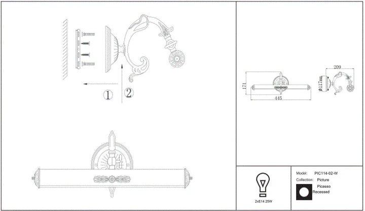Applique murale bras déporté en laiton orné avec ampoules e14 pour tableau picasso décoratif