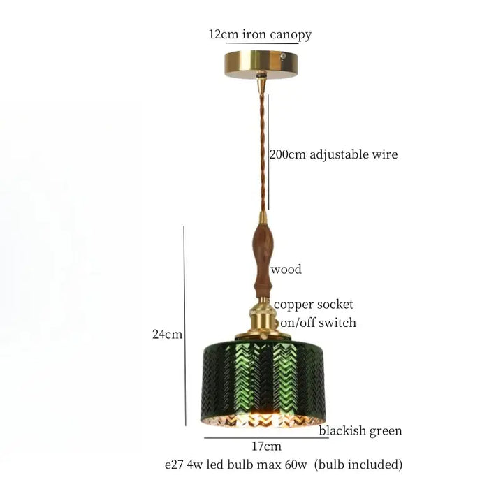 Suspension vert foncé avec détail cuivre et bois chic