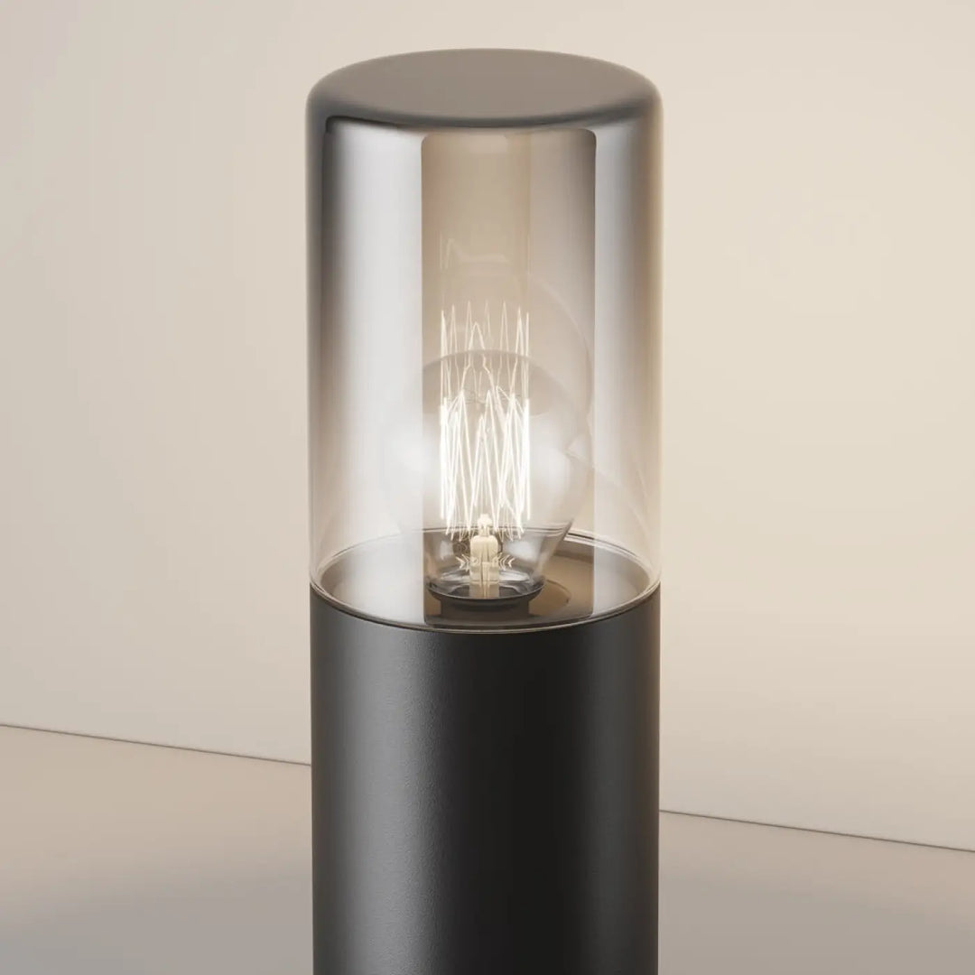 Borne extérieure amas lampe cylindrique noire en aluminium graphite avec borne lumineuse verre teinté et ampoule filament visible