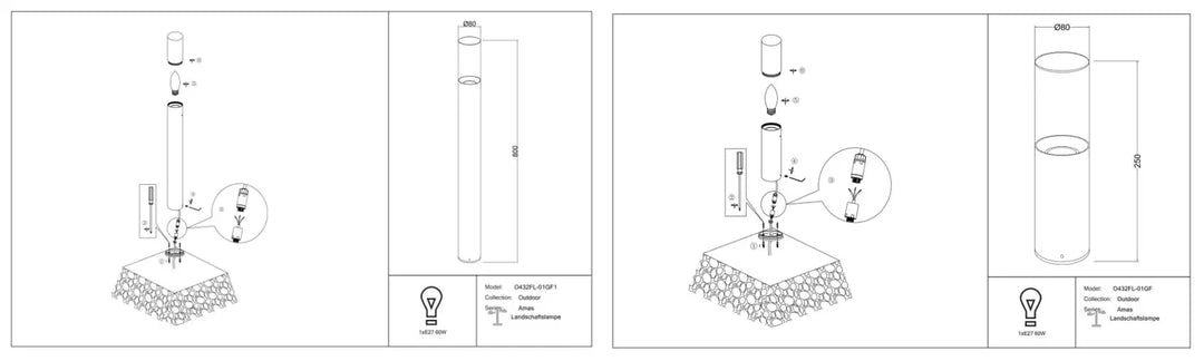 Schéma technique d une borne lumineuse extérieure oasis-107p en aluminium graphite pour usage extérieure amas